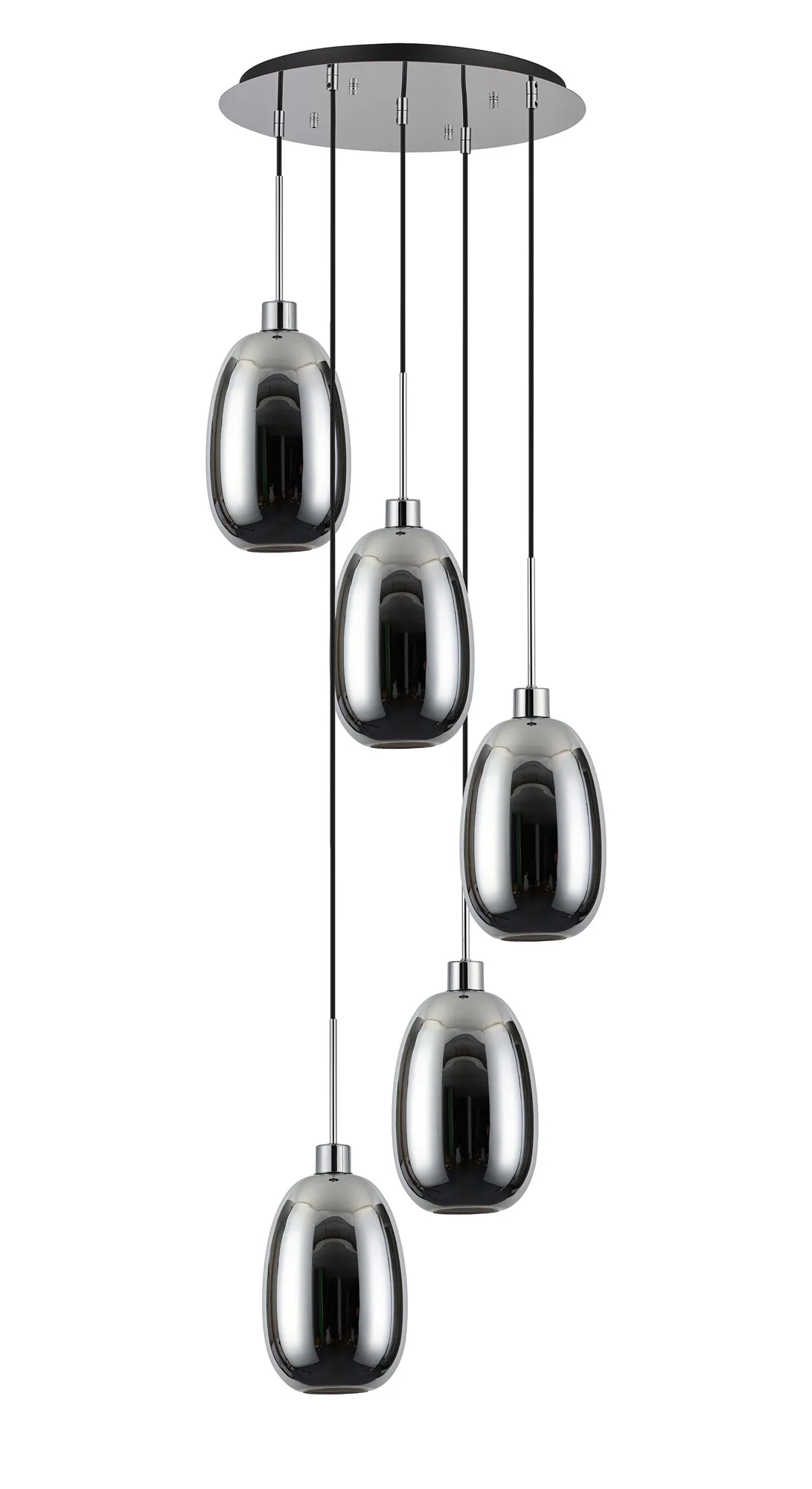 DK1282  Lori 45cm Round Pendant, 5 Light Adjustable E27, Polished Chrome/Chrome Slim Curved Trapezium Shades